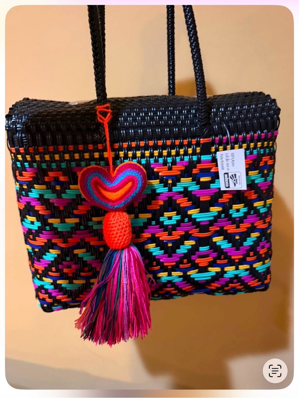 Woven Multicolor Heart Tassel Tote Bag - Black & Bright Accents
